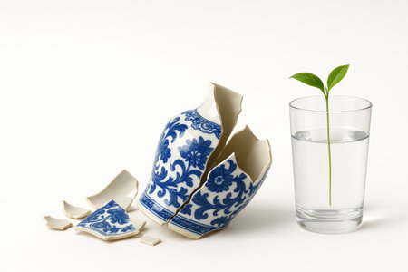 A broken vase and a sprout in a glass of water, a symbol of rebirth. Space for textの素材