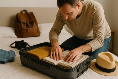 A man neatly folds his clothes into a suitcase before the tripの素材