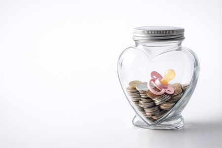 Glass jar with coins and baby pacifier inside. Space for textの素材
