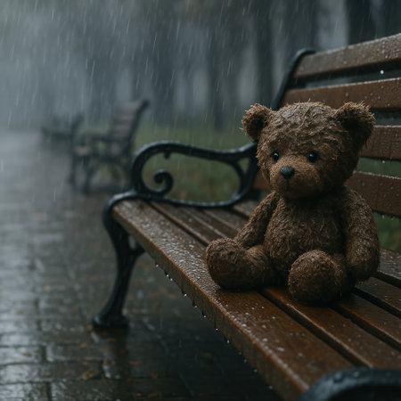 Wet plush toy teddy bear sitting on a bench in the rain. Space for textの素材