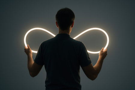 A person holds a luminous loop in the shape of an infinity symbolの素材