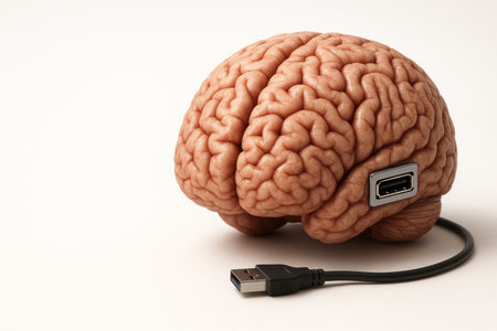 A brain with a USB connector and a connected cable. Space for textの素材