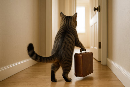 A cat with a suitcase is walking along the corridor, as if it is leavingの素材