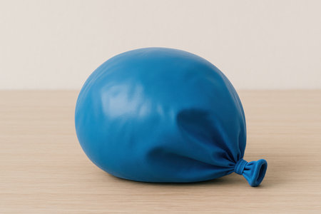 A slightly lowered blue balloon on a wooden surfaceの素材