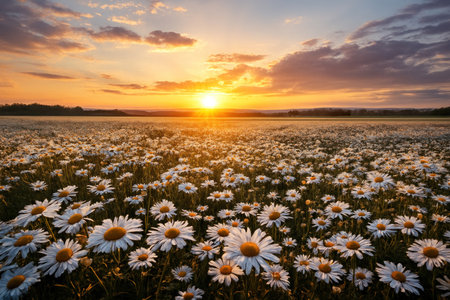 A field of daisies at sunsetの素材