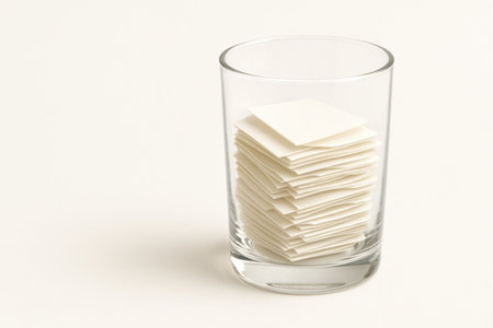 A stack of small pieces of paper in a transparent glass. Space for textの素材