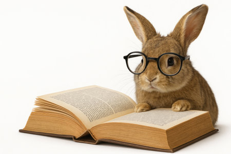 Rabbit in glasses reading an open book. Space for textの素材