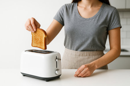A woman puts toasted toast in a white toasterの素材