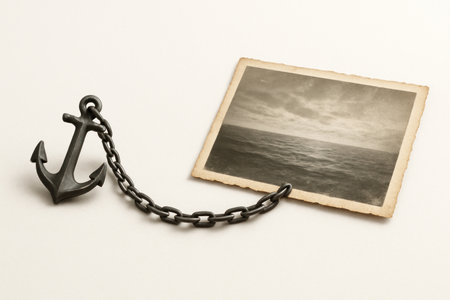 Anchor with chain holds vintage photo of the sea. Space for textの素材