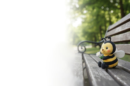A toy bee with a flower is sitting on a bench in the park. Space for textの素材