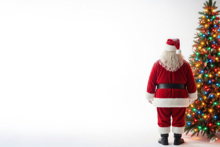 Santa Claus stands by a brightly decorated Christmas tree. Space for textの素材