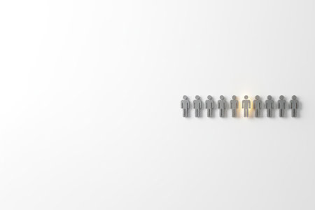 A row of identical human figures with one luminous character highlighted. Space for textの素材