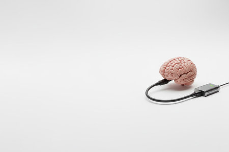 The brain connected by cable to the charger. Space for textの素材