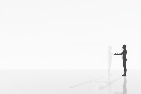 Two abstract human figures with outstretched arms in a minimalist space. Space for textの素材