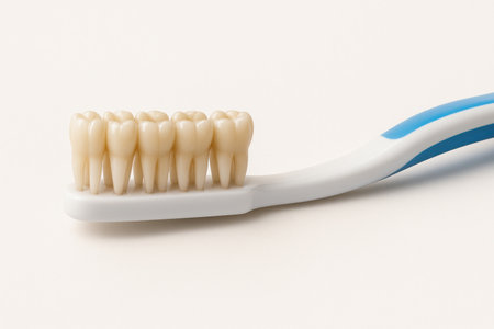 Toothbrush with teeth-shaped bristles. Space for textの素材