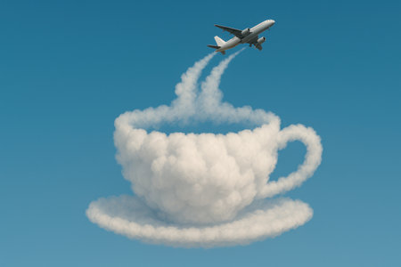 The plane takes off, leaving traces in the shape of a cloud cupの素材