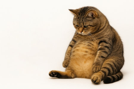 A fat cat sits on the floor and looks down sadly. Space for textの素材