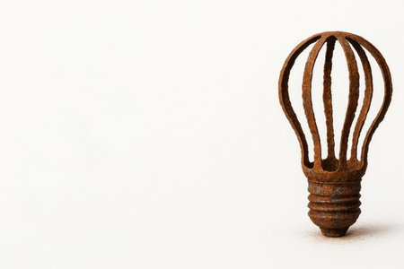 A rusty metal light bulb made of wire strips. Space for textの素材