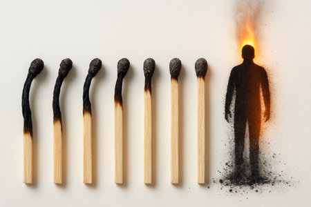 Burnt matches and the silhouette of a man from the ashes as a symbol of burnoutの素材