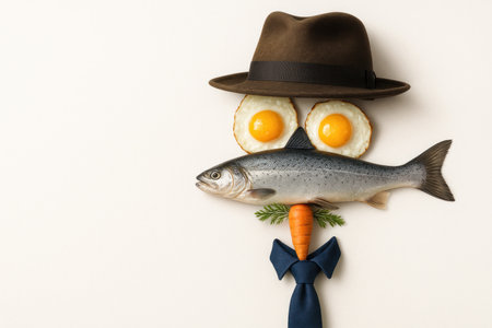 A portrait of a man assembled from food and garments. Space for textの素材