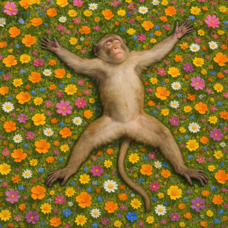 A monkey lying in the middle of a bright flower fieldの素材