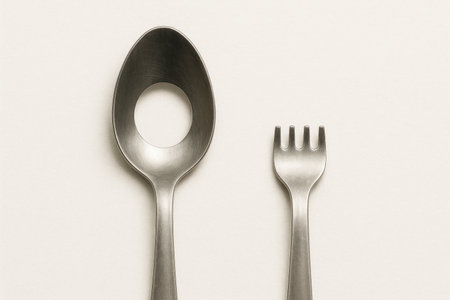 A spoon with a hole and a short fork. Space for textの素材