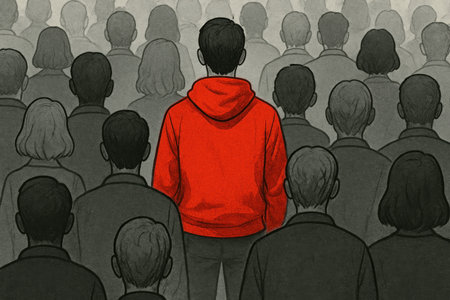 A man in a red sweatshirt among the gray crowdの素材
