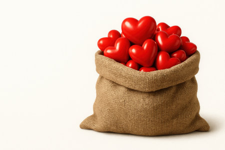 A cloth bag filled with red hearts. Space for textの素材