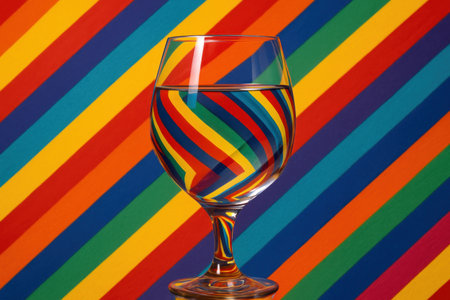 A glass glass of water refracting the rainbow bands of the backgroundの素材