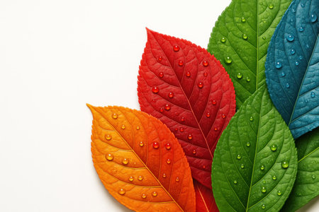 Colored leaves with water drops close-up. Space for textの素材
