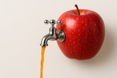 An apple with a metal tap installed, from which juice flowsの素材