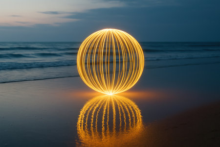 A glowing spherical figure of lines on the seashore at nightの素材