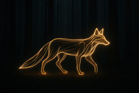 A glowing neon fox made of lines in a dark forest at nightの素材