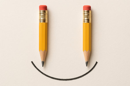 Two short pencils forming a smile on paperの素材
