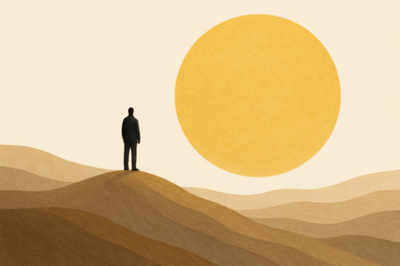 A man against the background of a big sun in the sand hills. Space for textの素材