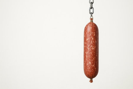 Sausage on a metal chain. Space for textの素材