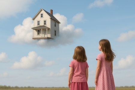 Children look at a house floating in the cloudsの素材
