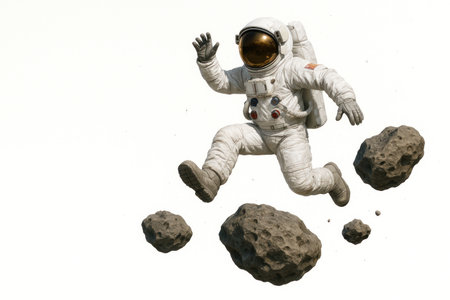 An astronaut jumping between asteroids in space. Space for textの素材