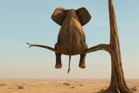An elephant sits on a tree branch above the desert. Space for textの素材