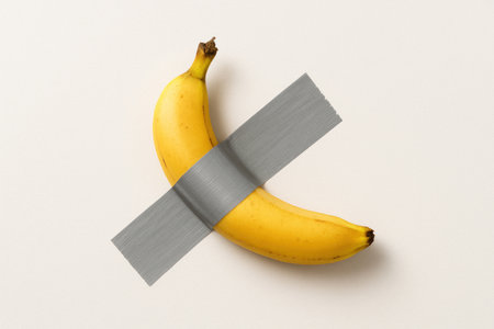A banana glued with gray tape to a light wall. Space for textの素材