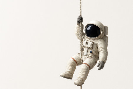The cosmonaut descends on a tightrope. Space for textの素材