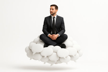 Businessman in suit sitting on a cloud of speech bubblesの素材