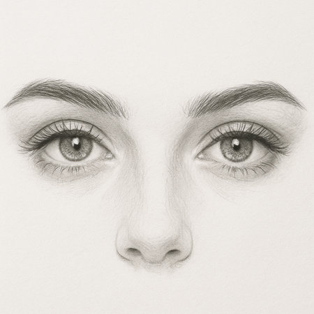 Detailed pencil drawing of the eyes and nose on a light backgroundの素材