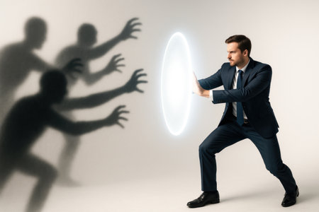 Businessman reflecting shadows with a luminous barrier. Space for textの素材