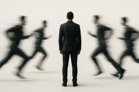 A man in a suit stands motionless, silhouettes running around himの素材