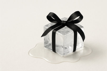 An ice cube in the form of a gift with a black ribbon, spreading on the surface. Space for textの素材