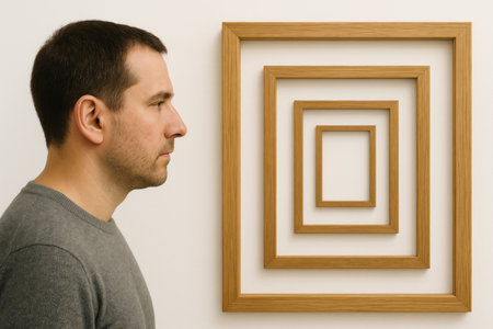 A man looks at the nested wooden frames on the wallの素材
