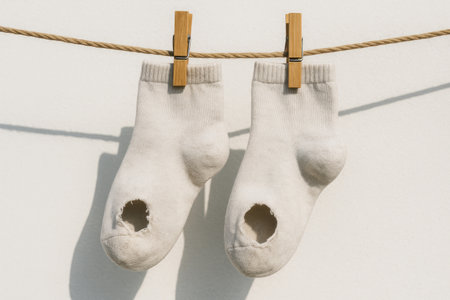 A pair of white socks with holes hanging from a ropeの素材