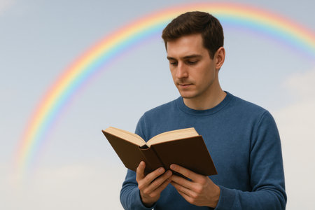 A man is reading a book against the background of a rainbowの素材