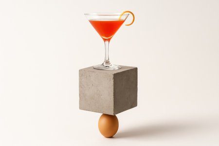 Cocktail on a concrete cube standing on an egg. Space for textの素材